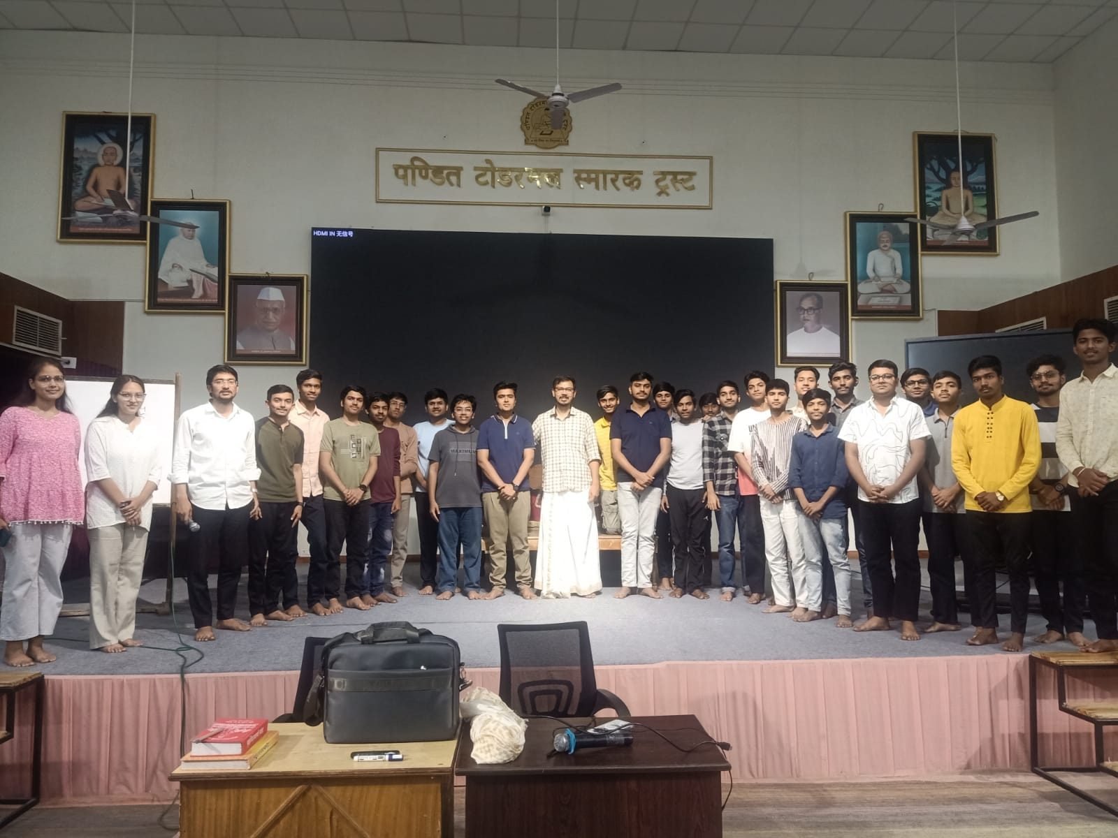 Participants and scholars of the National Sanskrit Sambhashan Workshop assembled in the hall of the Pandit Todarmal Smarak Trust, Jaipur